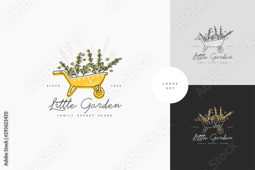Vector hand drawing logo or badge and icon for gardening or flowers shop. Collection symbol of watering can with green branches.