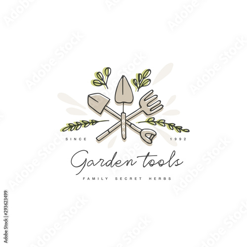 Vector set of logos, badges and icons for farmers and garden tools. Collection symbol of gardening.