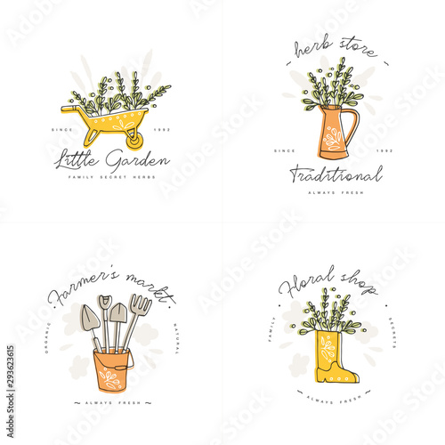 Vector set of logos, badges and icons for farmers and garden tools flowers shop. Collection symbol of gardening.