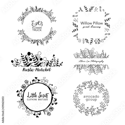 Hand Drawn Logo Template. Vector Floral Wreaths, Frames and Borders with place for text.