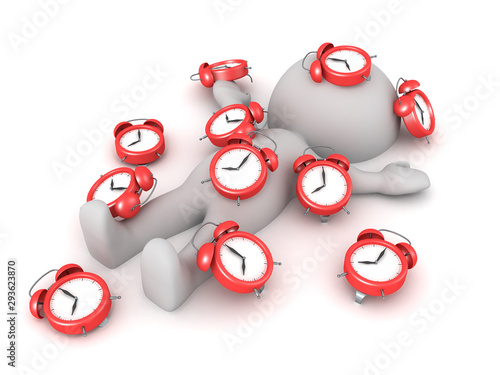 3D Character burried under too many alarm clocks