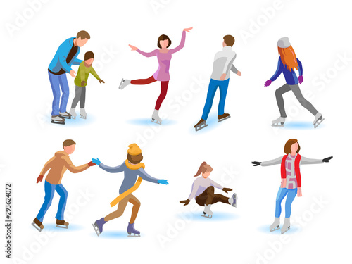  Vector set of various people skating on ice rink