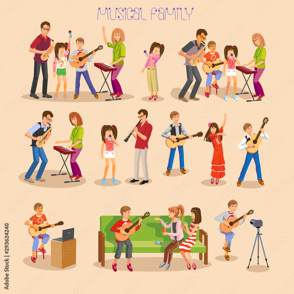 Fototapeta premium Large vector set of happy parents and children playing music, singing and dancingNew Year 3a(R)a