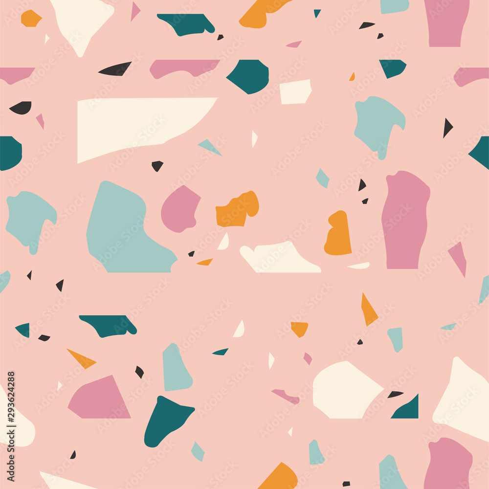 Vector terrazzo texture. Seamless pattern with colored stone trendy or abstract shapes. Colorful collage illustration for fabric print, wrapping paper, wallpaper, flooring.