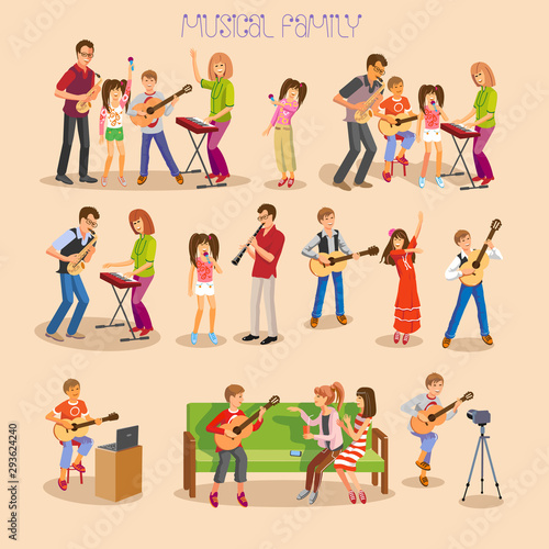  Large vector set of happy parents and children playing music, singing and dancingNew Year 3a(R)a