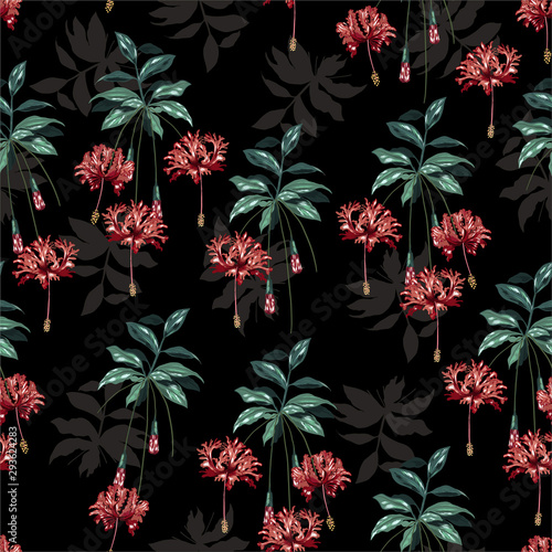 Repeat seamless pattern of red blooming fringe hibiscus flowers in vector design for fashion, fabric, wallpaper, web,and all prints