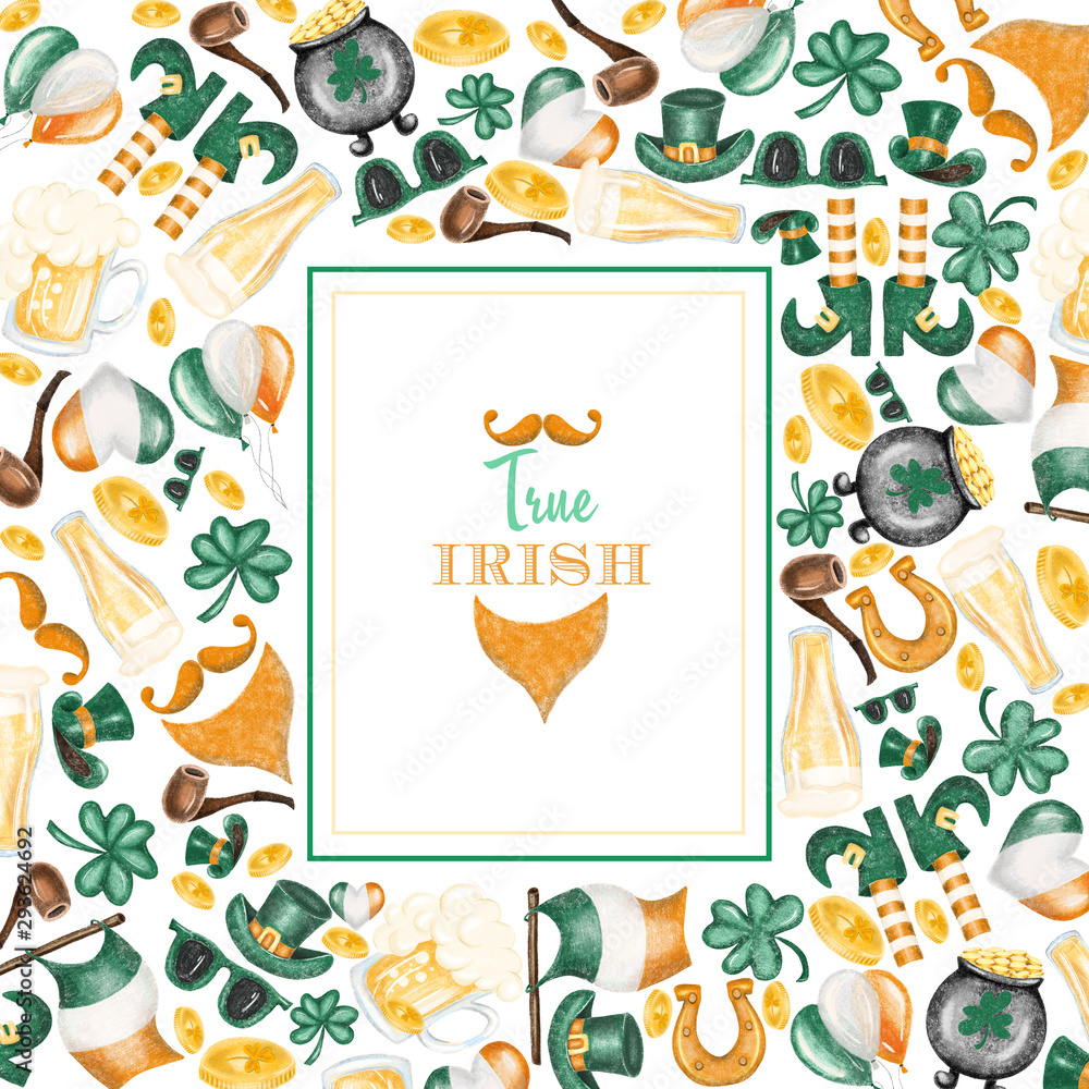 Frame of elements to St.Patrick's Day celebration, hand drawn on a white background