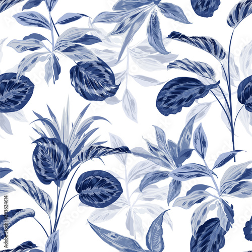 Seamless pattern monotone blue tropical in the forest unique design in vector for fashion, fabric, wallpaper , wrapping , and all prints