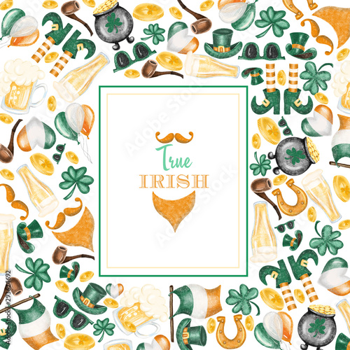 Frame of elements to St.Patrick's Day celebration, hand drawn on a white background