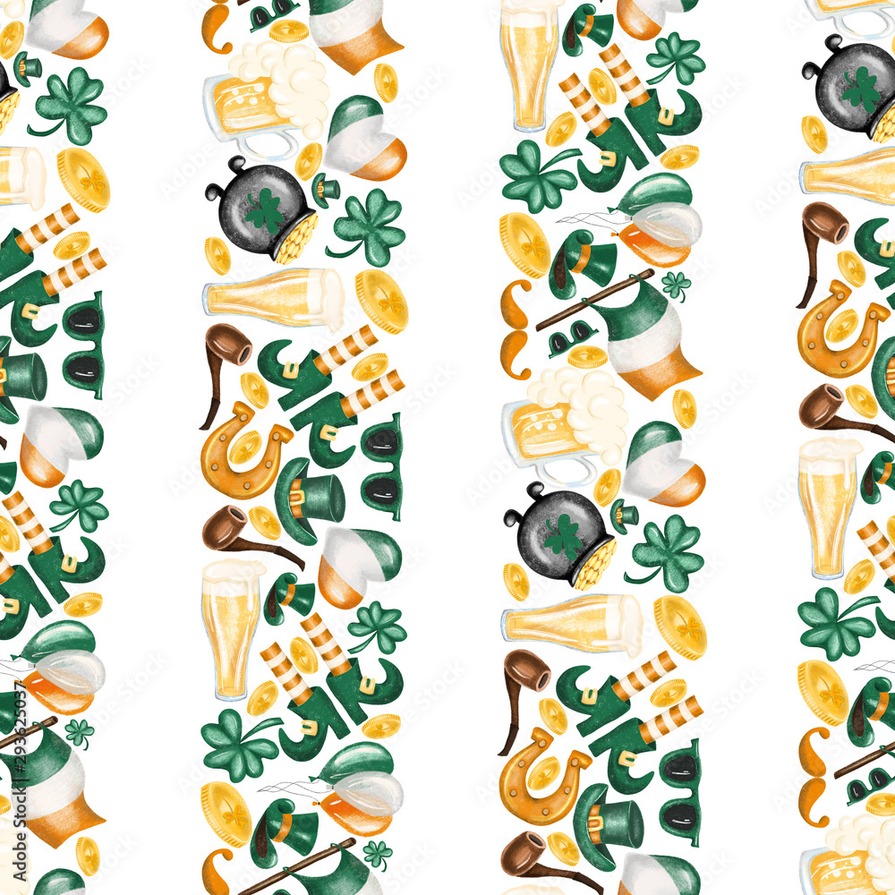 Seamless pattern of hand drawn St.Patrick's Day elements on a white background