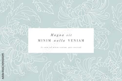 Vintage card with chrysanthemum flowers. Floral wreath. Flower frame for flowershop with label designs. Daisy floral greeting card. Flowers background for cosmetics packaging.