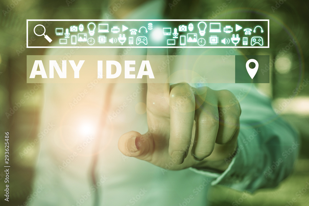 Word writing text Any Idea. Business photo showcasing Asking showing if they have thoughts about case or problem Woman wear formal work suit presenting presentation using smart device Word writing text Any Idea. Business photo showcasing Asking showing if they have thoughts about case or problem Woman wear formal work suit presenting presentation using smart device