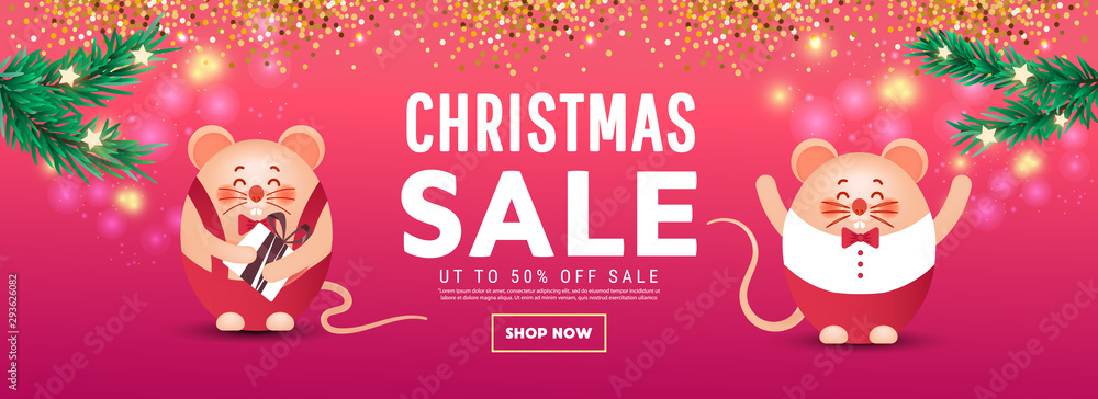 Merry Christmas sale banner with cute rats or mice and gifts on a red background. Greeting card, poster or web banner.