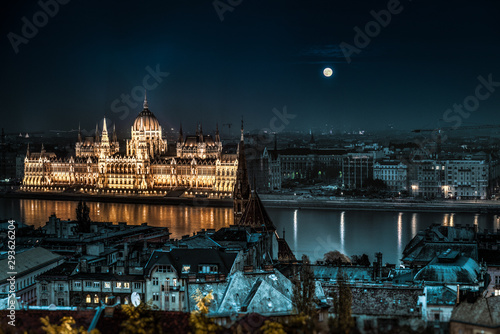 Hungarian Parliament Building at night reflected in Danube
