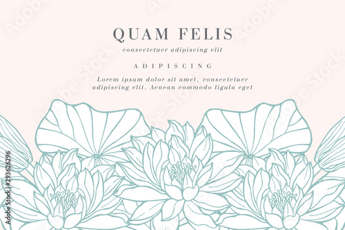 Vintage card with lotus flowers. Floral wreath. Flower frame for flowershop with label designs. Floral water lily greeting card. Flowers background for cosmetics packaging.