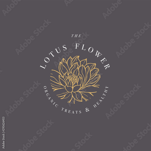 Hand draw vector lotus flowers logo illustration. Floral wreath. Botanical floral emblem with typography on white background with water lily.