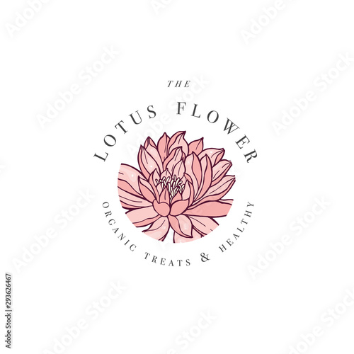 Hand draw vector lotus flowers logo illustration. Floral wreath. Botanical floral emblem with typography on white background with water lily.