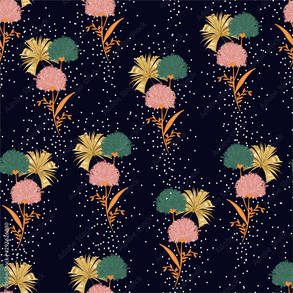 Blooming pom pom flower and leaves mixed with spread random polka dots seamless pattern in vector ,Design for fashion, fabric, wallpaper, wrapping,cover and all prints Blooming pom pom flower and leaves mixed with spread random polka dots seamless pattern in vector ,Design for fashion, fabric, wallpaper, wrapping,cover and all prints