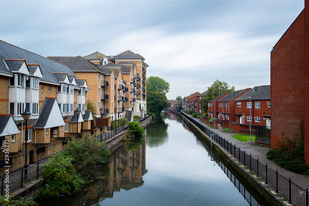 The beautiful view of coastline of the canal in Reading in England.