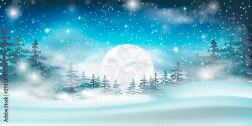 Merry Christmas design card with Santa Claus driving red car on snowy hills.
