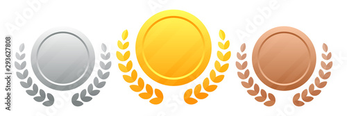 Medals with a wreath vector illustration eps 10. Champions Award. Set of medals gold, silver, bronze. Winners award.