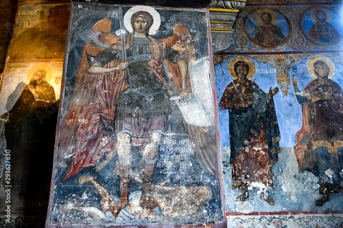 Fragments of frescoes wall paintings on the walls of the Church of the Saviour at Berestove in Kyiv, Ukraine. photo