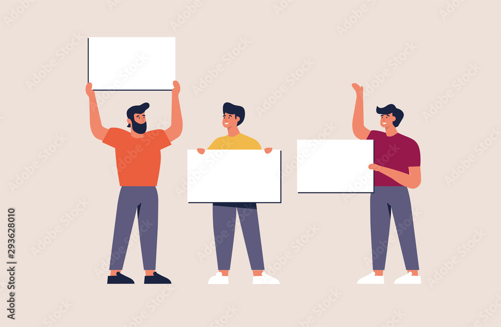 Vector illustration set of smiling young men holding clean placards. People characters demonstrating empty banners.