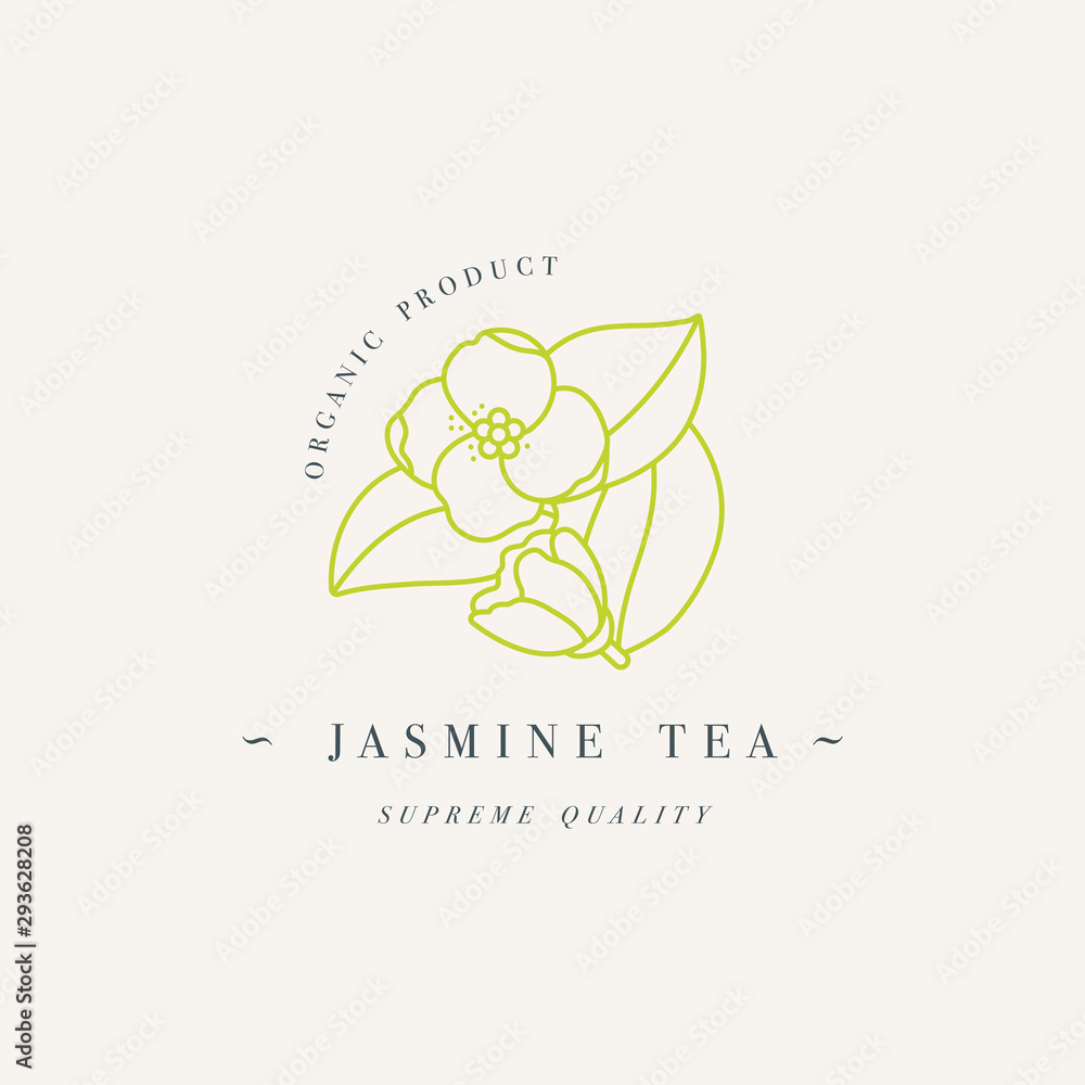 Fototapeta premium Packaging design template logo and emblem - jasmine tea. Logo in trendy linear style isolated on white background.