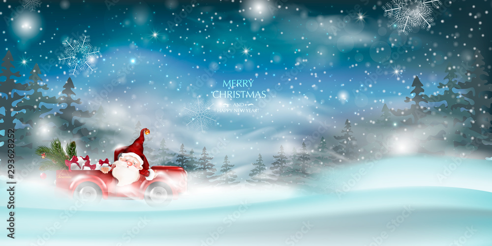 Merry Christmas design card with Santa Claus driving red car on snowy hills. Merry Christmas design card with Santa Claus driving red car on snowy hills.