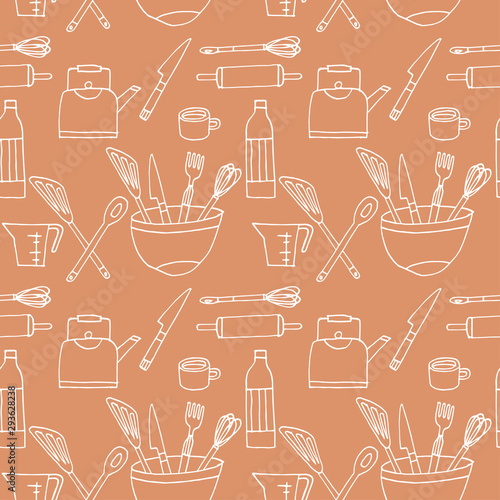 Vector hand drawing engraving seamless pattern with kitchenware tools.