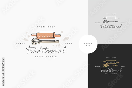 Cooking class linear design elements, set of kitchen emblems, symbols, icons or food studio labels and badges collection. Cooking courses signs template or logo, identity, culinary school.