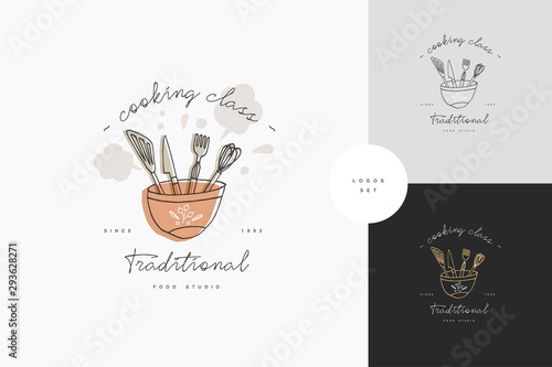 Cooking class linear design elements, set of kitchen emblems, symbols, icons or food studio labels and badges collection. Cooking courses signs template or logo, identity, culinary school.