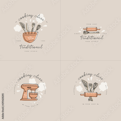 Cooking class linear design elements, set of kitchen emblems, symbols, icons or food studio labels and badges collection. Cooking courses signs template or logo, identity, culinary school.