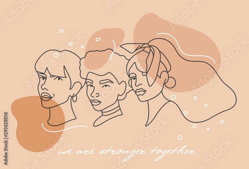 Vector illustration linear face portraits of young woman - girl power and feminist movement. Concept for prints, t-shirts.