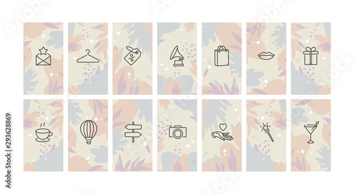 Vector set design colorful templates icons and emblems - social media story highlight. Different blogger icons in trendy linear style isolated on white background.
