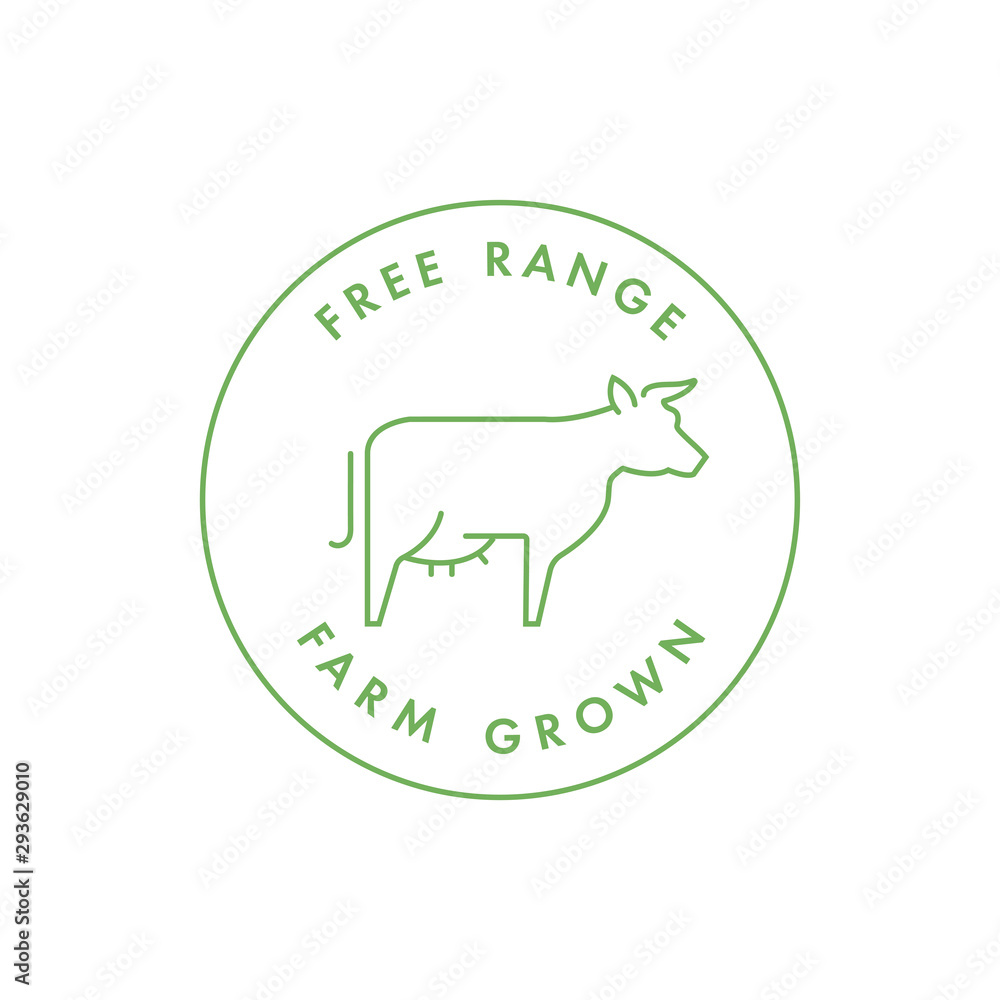 Vector logo, badge or icon for natural farm and healthy products. Symbol of farm grown cows and free range.