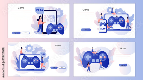 Gaming concept. People gamers playing online video game. Screen template for mobile smart phone, landing page, template, ui, web, mobile app, poster, banner, flyer. Modern flat cartoon style. Vector