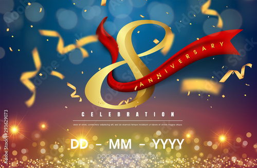 8 years anniversary logo template on gold and blue background. 8th celebrating golden numbers with red ribbon vector and confetti isolated design elements