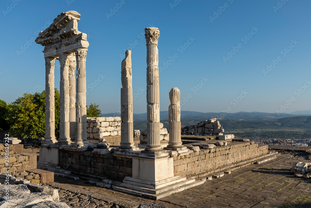 Ruins and columns of Temple of Trajan at Acropolis of Pergamon, Turkey. UNESCO world heritage site