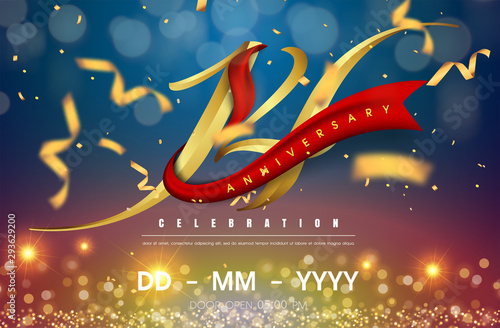 14 years anniversary logo template on gold and blue background. 14th celebrating golden numbers with red ribbon vector and confetti isolated design elements