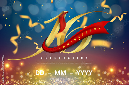 16 years anniversary logo template on gold and blue background. 16th celebrating golden numbers with red ribbon vector and confetti isolated design elements