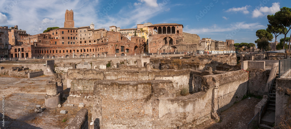 Panorama view of Foro di Augusto - Viaggio nei fori (Forum of Augustus - Journey into the holes), Rome, Italy.
