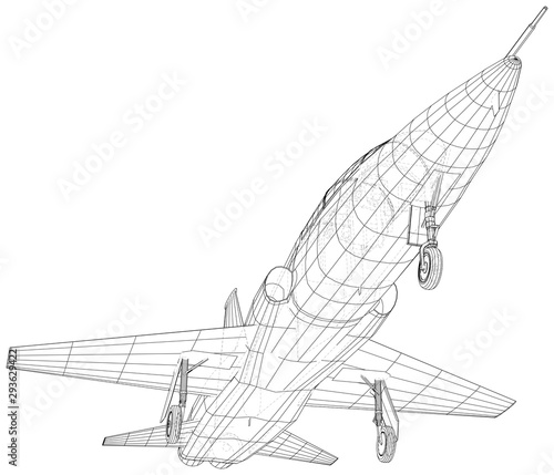 Airplane jet close-up. Vector rendering of 3d. Wire-frame. © mirexon