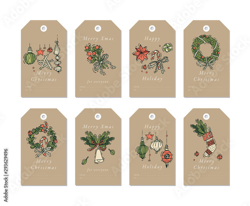 Vector linear design Christmas greetings elements on craft paper background. Christmas tags set with typography and colorful icon.