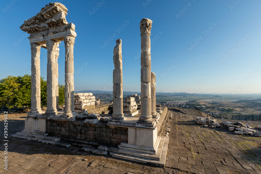 Ruins and columns of Temple of Trajan at Acropolis of Pergamon, Turkey. UNESCO world heritage site