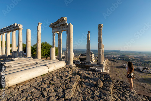 Ruins and columns of Temple of Trajan at Acropolis of Pergamon, Turkey. UNESCO world heritage site