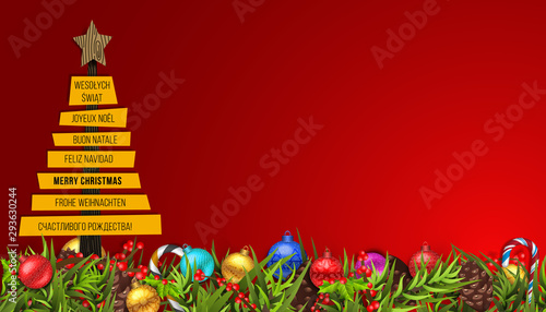 Merry Christmas Greeting Card with Different Languages (Joyeux Noël, Frohe Weihnachten, Buon Natale, Feliz Navidad, Счастливого рождества!, and Wesołych Świąt).