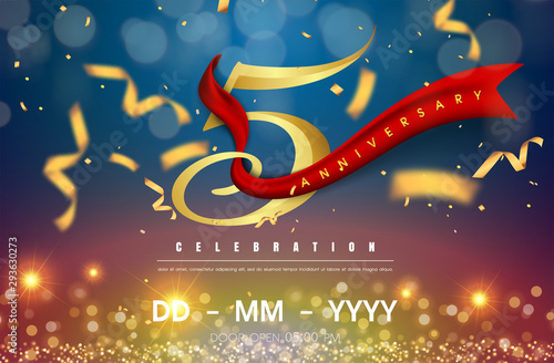 5 years anniversary logo template on gold and blue background. 5th celebrating golden numbers with red ribbon vector and confetti isolated design elements