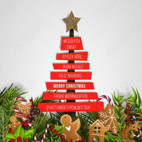 Merry Christmas Greeting Card with Different Languages (Joyeux Noël, Frohe Weihnachten, Buon Natale, Feliz Navidad, Счастливого рождества!, and Wesołych Świąt).