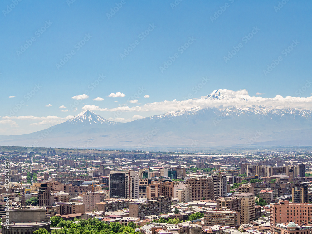 Center of Yerevan, main city of Armenia, photographed from the top of Cascade. There is Opera theater seen in the foreground and Mount Ararat in the back.